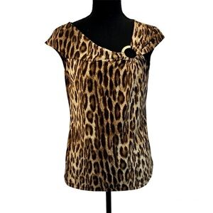 MICHAEL Michael Kors brown tan leopard animal print asymmetrical neckline blouse